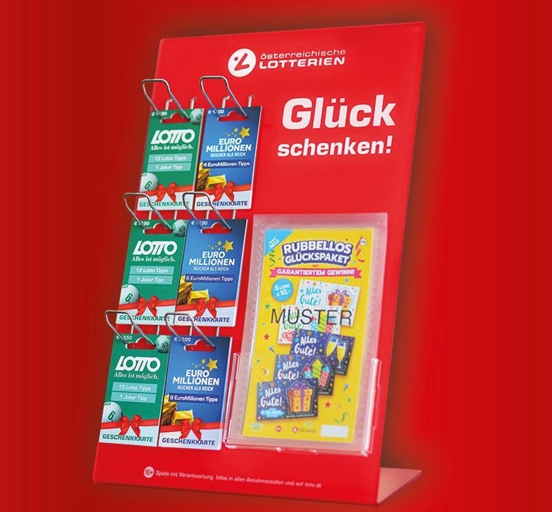 © Österreichische Lotterien Auf dem Display finden sich in der Trafik einlösbare Geschenkkarten für Quicktipps von Lotto, LottoPlus, Joker und EuroMillionen sowie Packungen der Rubbellos-Serie